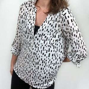 Forever 21 White Black Print Roll Tab Sleeve Top